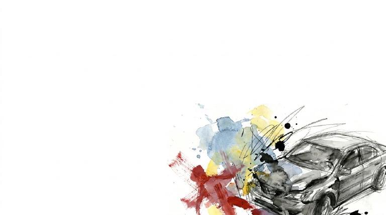 Flat, abstract graphic. A driver's blurred red car veers aggressively towards a static black silhouette of a pedestrian. Jagged lines imply impact. The stark scene is framed by thick, comic-style borders, evoking danger and urgency.
