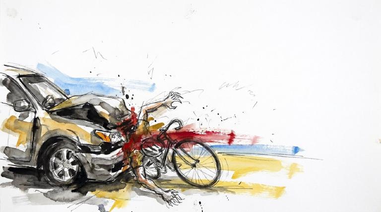 Abstract, flat graphic framed with comic-style borders. It depicts a simplified car shown colliding with a bicycle at an intersection during a left turn. The clean, minimalist style illustrates a serious traffic incident.