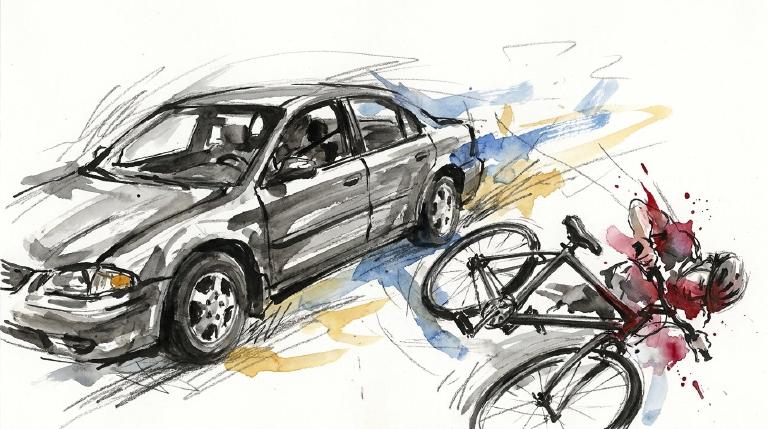 Abstract, flat graphic with comic-style borders. A simplified grey car, mid-left turn, is shown overlapping a red bicycle, depicting a collision. The clean, stark design emphasizes the serious impact of driver inexperience.