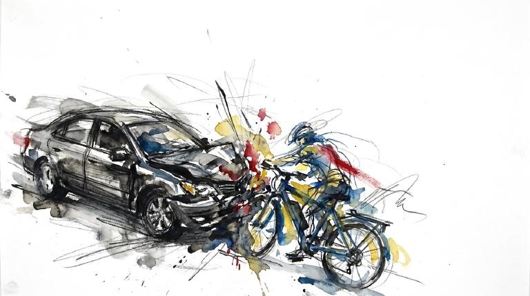 Abstract, flat graphic with comic-style borders. A grey sedan and blue e-bike collide on a simple street. The bike is askew, conveying impact. A serious tone highlights the incident of a driver hitting a rider.