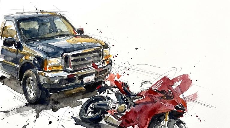 An abstract, flat graphic, outlined with a comic-style border, depicts a nighttime collision. A dark blue pickup truck silhouette overlaps a smaller, fractured red scooter-like shape on a dark street. A bright orange burst marks the impact point. The