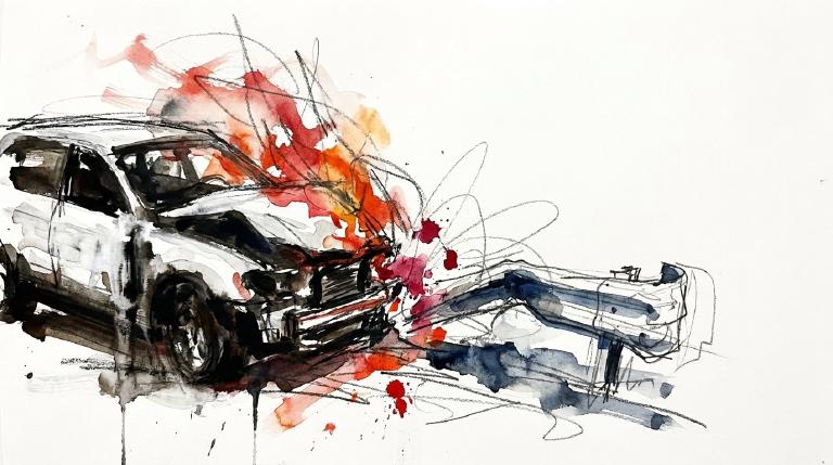 An abstract, flat graphic with comic-style borders. A white Tesla is shown overturned and smoldering on a road, near a guardrail. The scene is depicted in a respectful, non-graphic style, conveying the aftermath of a crash.