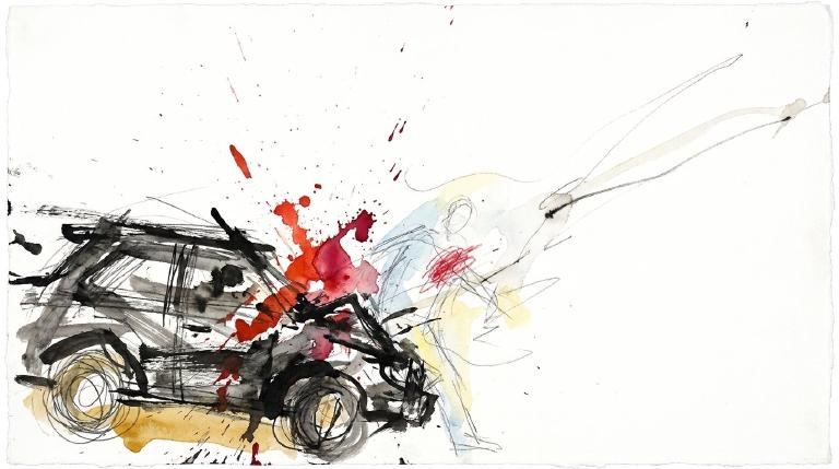 A flat, abstract graphic uses bold, comic-style borders to depict a stylized pedestrian in a crosswalk and a vehicle. The stark imagery conveys a critical, somber tone about urban safety.