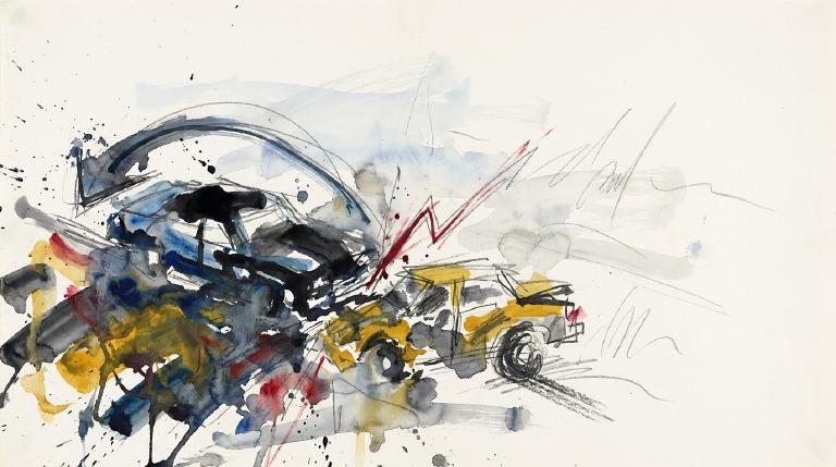 Abstract, flat graphic: Two simple car outlines, one making a U-turn, collide on a dark background. A bright yellow burst signifies the impact. Thick, slightly wobbly comic-style borders frame the chaotic scene, suggesting a sudden nighttime accident