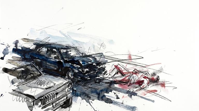 Abstract, flat graphic with comic-style borders. A Chrysler drives on a dark roadway over a prone figure representing a man. The depiction is respectful and non-graphic, illustrating the described incident.