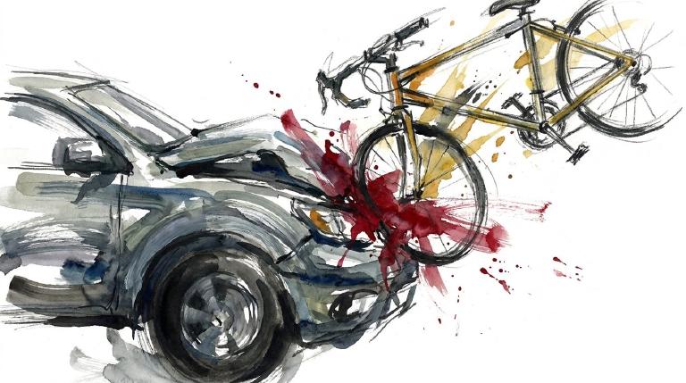 Abstract, flat graphic in bold, comic-style borders. A simplified car shape collides with a bicycle shape. A smaller, distinct shape is flung from the bike, emphasizing the rider's ejection. The stark scene conveys serious impact.