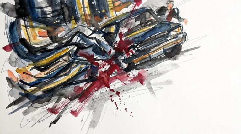 An abstract, flat graphic shows sharp, fragmented red and orange shapes clashing on a dark background. Thick, black comic-style borders frame the scene, conveying a sudden, severe impact and its jarring, negative aftermath.