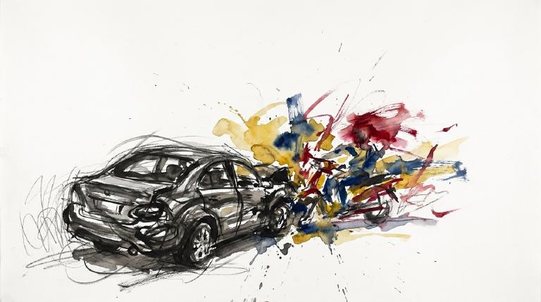 A flat, abstract graphic with thick, comic-style borders depicts a car striking a moped. Simple, bold shapes of the vehicles are shown at the moment of collision, with lines suggesting force and impact. The tone is stark and serious.