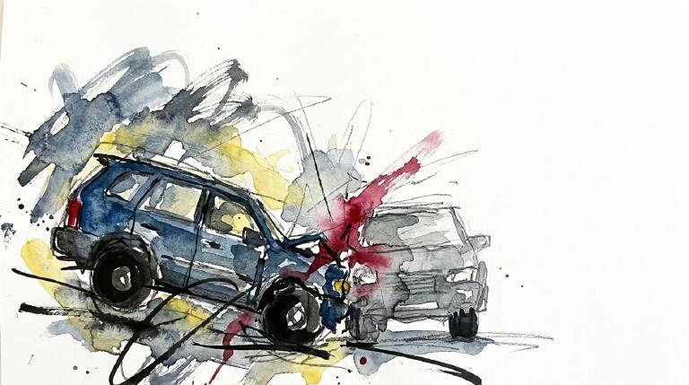 Abstract graphic of two simplified cars in a collision. Bold, comic-style outlines define the flat shapes and a burst of impact lines, conveying the sudden force of the incident on a gray road.