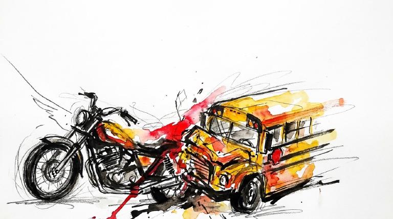 Abstract, flat graphic: A yellow rectangular bus shape turns into a black motorcycle shape at an intersection. Red jagged lines show the collision point. The image has thick, comic-style borders, conveying a stark and serious tone.