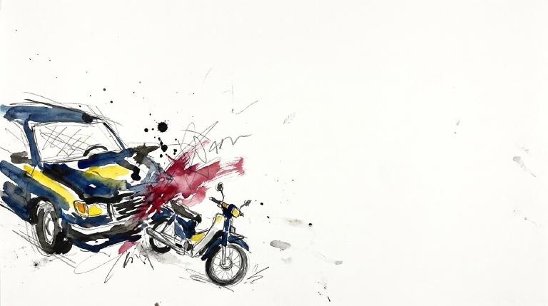 An abstract, flat graphic within bold, comic-style borders shows a moped impacted by a car on a street. A simplified figure stands near the moped, head bowed. The scene uses stark colors and clean lines to convey a serious tone.