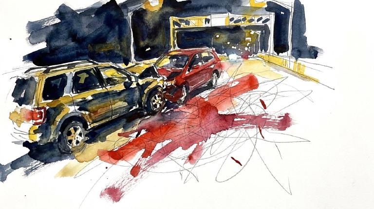 Abstract, flat graphic with comic-style borders. Two simplified cars, one red, one blue, are shown merging unsafely across dashed lane lines on a grey road, suggesting a near-collision or impact. The tone is stark, depicting a sudden, disruptive even