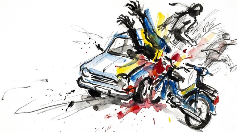 An abstract, flat graphic with comic-style borders. A simplified white car crashes into a red moped. Stark red lines burst from the impact, and two small, injured figures lie nearby. The tone is serious and impactful.