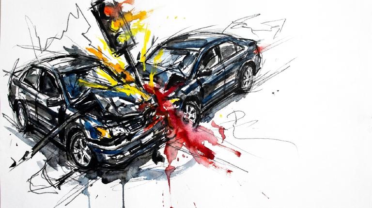An abstract, flat graphic with comic borders shows two simple sedan shapes colliding in a dark intersection. One car's path distinctly disregards traffic control, conveying the sudden impact of a serious late-night incident.