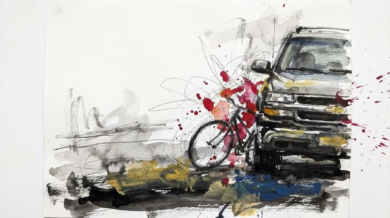 An abstract, flat graphic within comic-style borders. A grey SUV overlaps a blue bicycle on a rain-slicked road, implying a collision. The stark visual emphasizes the sudden, dangerous impact and consequences of driver inattention.