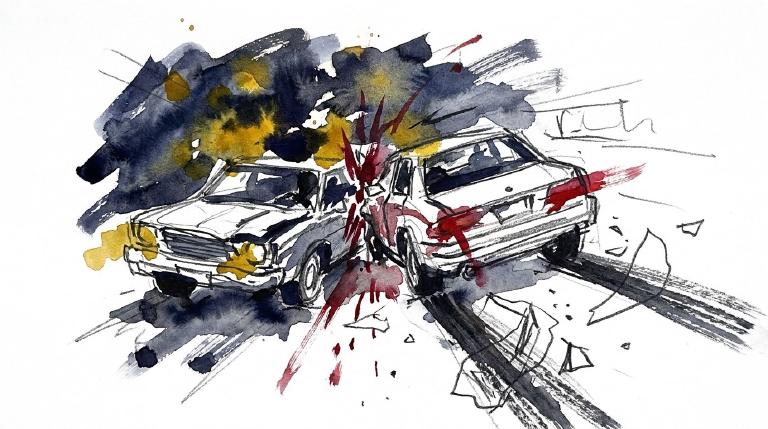 An abstract, flat graphic depicts two stylized cars colliding at a central point on a simple road. The design uses stark colors to convey a serious impact. The scene is framed by thick, comic-style borders, adding visual emphasis.