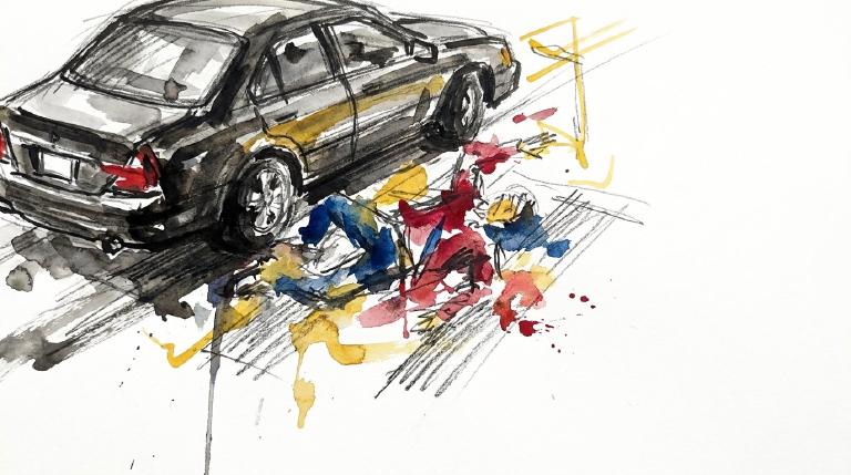 Abstract, flat graphic showing a grey car hitting a white stick figure on a crosswalk. Red lines convey impact. The stark image, framed by thick comic-style borders, illustrates a dangerous pedestrian collision.