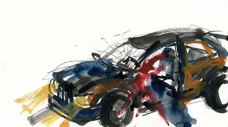 A flat, abstract graphic with bold, comic-style borders. Two simplified cars are shown in a rear-end collision on a road. One car features a subtle injury symbol, and a separate icon suggests a startled reaction to an uninvolved vehicle nearby. The o