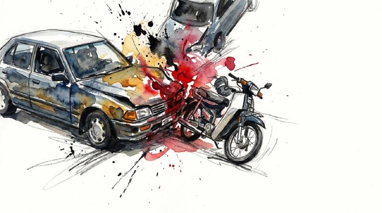 An abstract, flat graphic depicts two simple car shapes colliding at an intersection. White impact lines radiate from the point of collision. The clean, comic-style border frames this stark visual of an accident.