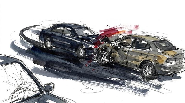 An abstract, flat graphic illustrating a car collision. Stylized car shapes and arrows show a U-turn hitting a straight-moving car at an intersection. The scene is framed by a bold, comic-style border, conveying a clear, infographic tone.