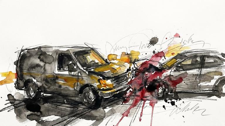 Abstract, flat graphic showing two stylized vehicles in collision, radiating an impact burst. Thick, comic-style borders frame the serious scene of a crash.