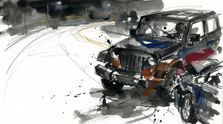 An abstract, flat graphic depicts two stylized cars colliding on a gray road, one turning right. A red 'X' marks the impact, framed by jagged "comic-style" borders. A faint phone icon near the turning car suggests driver inattention. The tone is seri