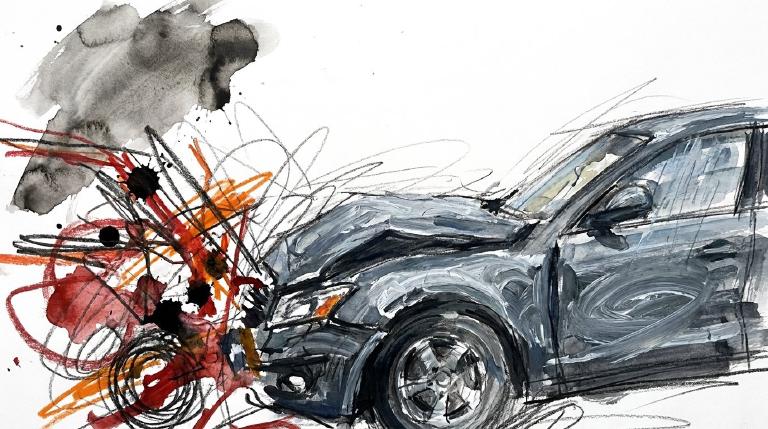 A flat, abstract graphic shows two simple cars on a street, with thick, comic-style outlines. One car, angled, has collided with the other parked car. Sharp, jagged lines emanate from the impact point, conveying a jarring scene.