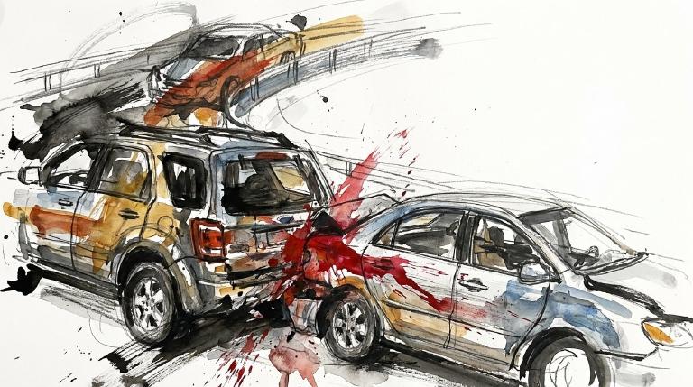 A flat, abstract graphic depicts two simplified cars in a rear-end collision, framed by a distinct comic-style border. The visual style is stark and informative, representing a serious traffic event.