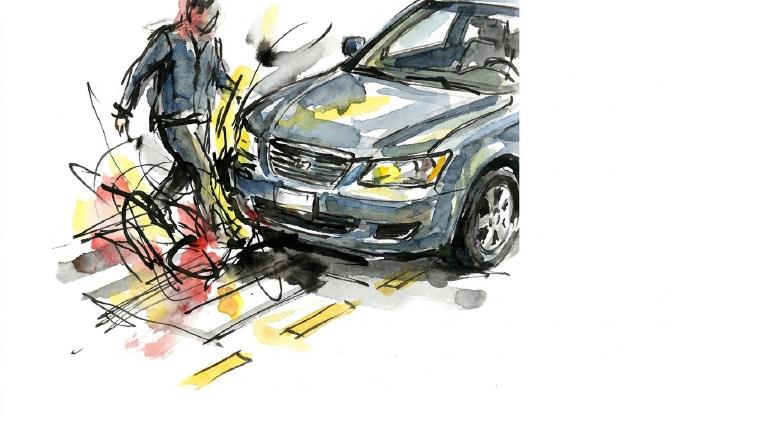 Abstract flat graphic: A red car intersects a blue pedestrian on a white crosswalk over a grey street, all framed by thick comic-style borders. The stark composition and colors convey an urgent, serious tone of impact.