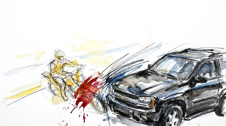 An abstract, flat graphic with comic-style borders depicts a large yellow car turning right into a small red bicycle, showing a close pass and collision. The simple, stark forms emphasize the vulnerability of the rider. The scene is framed with bold 