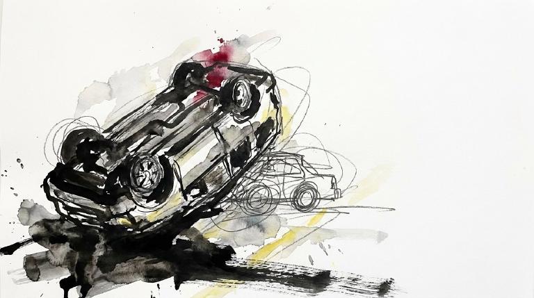 Abstract flat graphic: Two overlapping, simple vehicle shapes, one askew, depicting a collision. Dynamic lines radiate from the impact point, conveying force. The image is enclosed by bold, comic-style borders, creating a direct, illustrative tone.