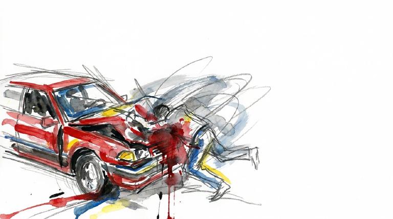 An abstract graphic depicts a simple blue car making a right turn, intersecting with a stick figure pedestrian on a white crosswalk. A subtle red impact starburst marks the collision point. Stark, with a thick black comic-style border, the tone is se