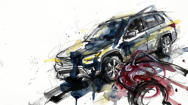 A flat, comic-style graphic shows two abstract SUVs, one too close behind the other, on a dark road. Framed by thick borders, the image captures the immediate, stark impact of a collision on a highway, conveying a serious but simplified tone.