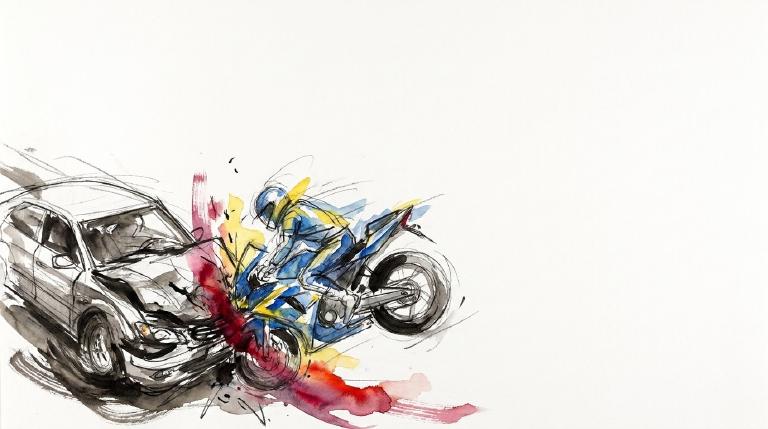A simplified graphic depicts a car turning left, colliding with a motorcycle. A stylized figure is shown mid-air, ejected from the bike. Bold, uneven black lines give the scene a stark, comic-style border, emphasizing the collision's impact.
