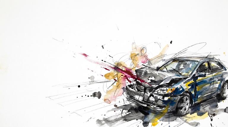 An abstract, flat graphic shows a vehicle striking a small figure in a crosswalk. Jagged, comic-style borders frame the stark scene, conveying a serious, cautionary tone about driver inattention.