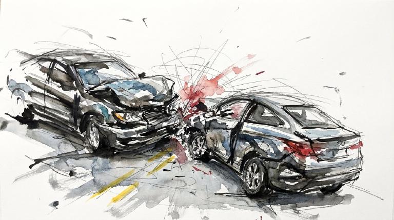 An abstract, flat graphic with comic-style borders illustrates two simplified cars in a rear-end collision, visually representing a crash caused by following too closely.