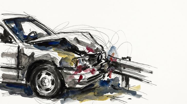 A stark, flat graphic shows two simple car shapes in an abstract collision. One vehicle's path sharply intersects another, conveying improper lane usage. A dark backdrop sets a nighttime scene, all enclosed by thick, comic-book style borders.