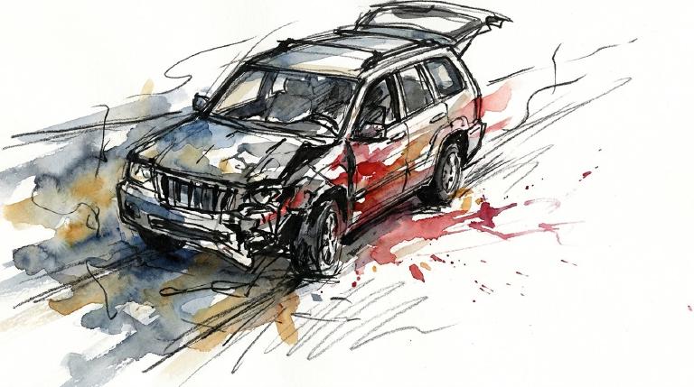 An abstract, flat graphic. Two simplified cars, one rear-ending the other, with jagged impact lines. A stylized thought bubble above the first car shows a distracted symbol. The scene is framed by a bold, comic-style border, depicting a serious traff
