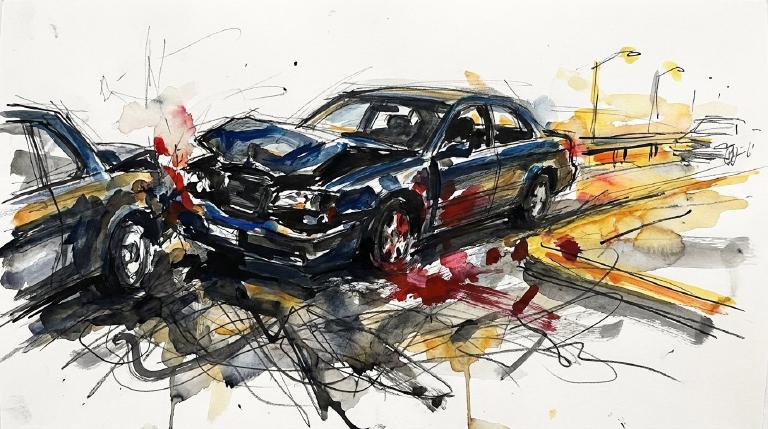 An abstract, flat graphic depicts two dark, simplified vehicle shapes meeting on a dark road, marked by a sharp, bright impact. Thick comic-style borders frame the scene, emphasizing a sudden, serious event.