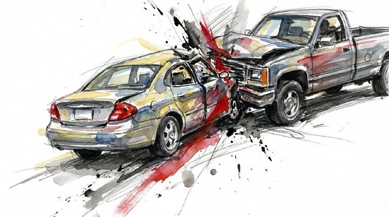 Abstract flat graphic depicting a rear-end car collision. Two simplified cars show impact with radiating lines. The design uses bold colors and clean shapes, framed by comic-style borders, conveying a stark, serious tone.