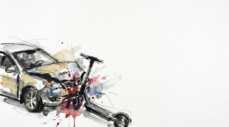 An abstract, flat graphic with comic-style borders. A large, dark angular shape, representing a vehicle, forcefully intrudes upon a smaller, lighter human shape. Sharp lines and high contrast create a stark scene of collision and disregard.