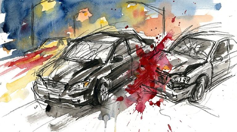 A flat, abstract graphic depicts two simple cars, one with crumpled damage, surrounded by a red warning outline. The scene is serious, framed by bold, comic-style borders, highlighting a dangerous accident.