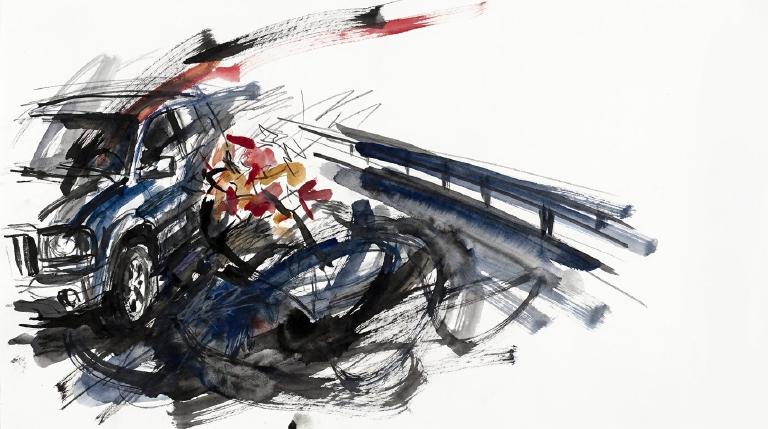 An abstract graphic with jagged, flat shapes in red and orange bursting from the center, conveying an explosive impact. Thick, black comic-style borders frame the dramatic scene.