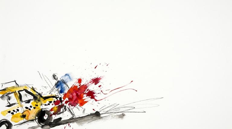 An abstract, flat graphic. A yellow taxi sharply turns right, colliding with a simplified pedestrian figure on a crosswalk. Bold comic-style borders frame this stark depiction of urban road danger.