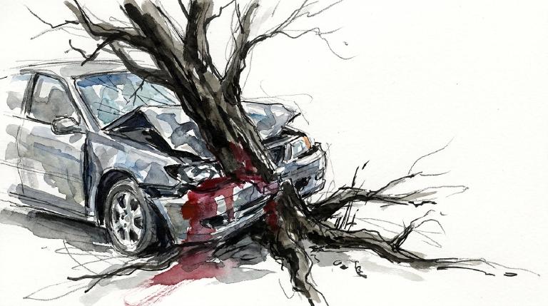 Abstract graphic with comic-style borders. A flat illustration shows a gray Honda Pilot on a road near a tree. Its path indicates an impact with the tree. The respectful scene avoids graphic detail.