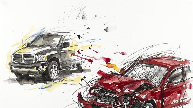 A simplified, vulnerable pedestrian figure stands in stark contrast to a looming, angular vehicle. Framed by comic-style borders, the flat graphic conveys the severe risks to people outside cars.