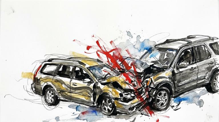 A flat, abstract graphic depicts three simplified cars in a chaotic collision on a grey road, outlined with thick comic-style borders. Jagged lines burst from the impact, conveying the abrupt and serious nature of the accident.