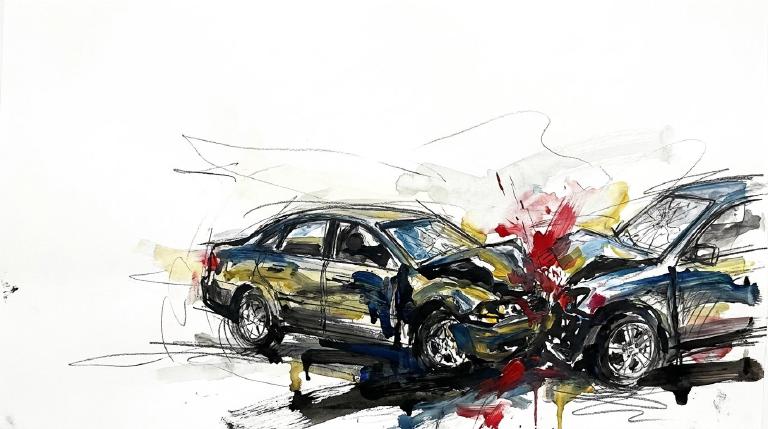An abstract, flat graphic shows a simplified red car with speed lines colliding with the rear of a blue car. A small human figure in the red car has a pain symbol. A dark comic-style border frames the serious scene.