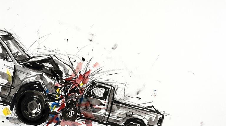 Abstract, flat graphic: A red car's simplified shape impacts two stationary, grey car shapes, depicted with jagged lines and a burst effect. The stark scene is framed by a thin, uneven comic-style border, conveying a sudden, disruptive event.