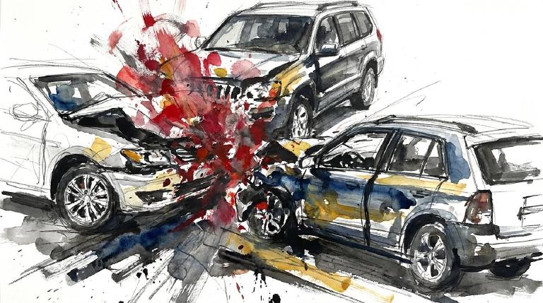 Abstract, flat graphic: an overhead view of a car collision. Two simple, colored car shapes, one turning left and one going straight, merge at an intersection, depicting impact. The scene uses clean lines and has a clear, diagrammatic tone, framed by